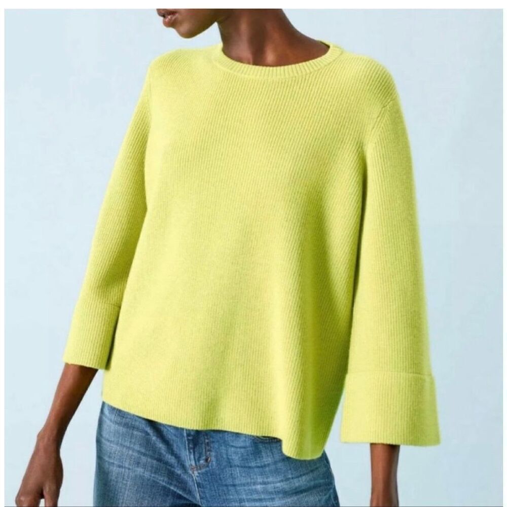 Eileen Fisher Women’s Chartreuse Merino Wool 3/4 Length Bell Sleeve Pullover Swe